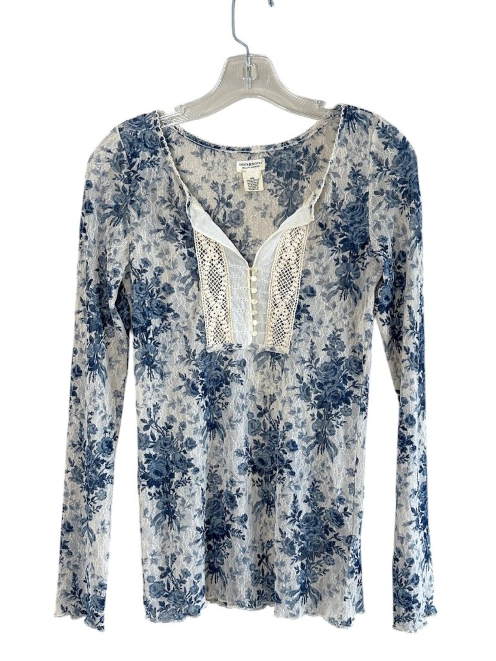 Ralph Lauren Denim & Supply Floral Lace Henley Top, M, Blue Fairycore Cottage